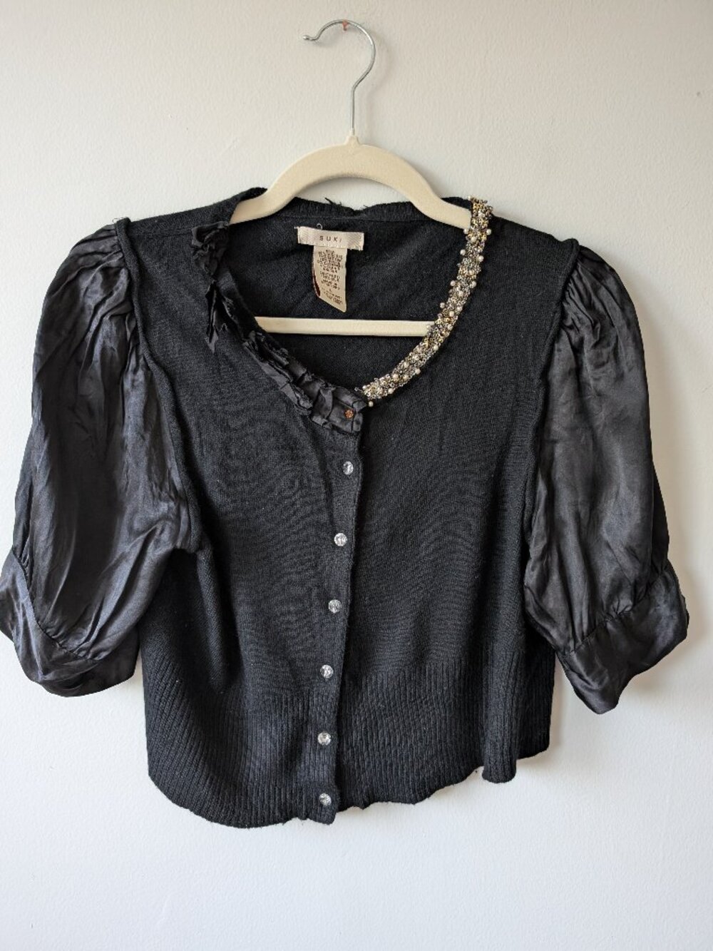 SUKI Black Cashmere Angora Silk Cardigan Size L Beaded Puff Sleeve